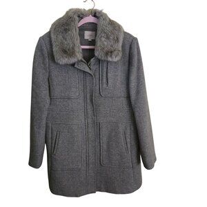 Loft Wool Blend Removable Faux Fur Collar Gray Full Zip Snap Coat Size XL
